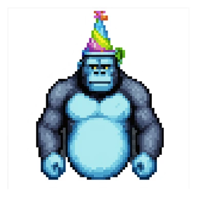 Make sure the cyan gorilla with a party hat has no legs, keep the background transparent. Maintain the original style and details of the image. sticker
