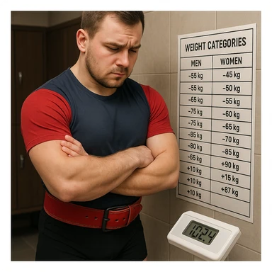 European powerlifter weighing on a digital scale, looking at the display and a weight category chart next to it, thoughtful expression, sportswear, realistic details, locker room background sticker