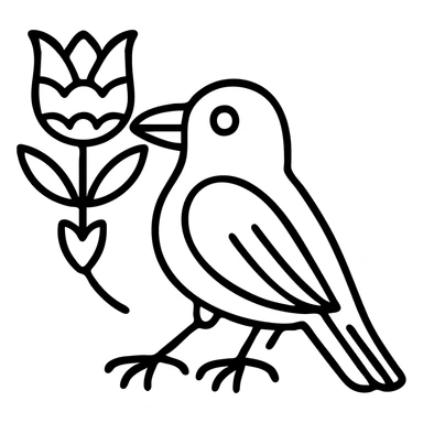 Black crow with bold black outline holding a tulip in Scandinavian folk art style. The tulip uses bright folk colors matching those in the heart motif: red, yellow, blue, green, white. The motif is outlined in black with a simple and clear design. Add a gold accent to the motif or as a detail. Transparent background. Matches the previous heart set style. sticker