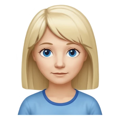 50 yr old white woman, hippie part short bangs, very long straight blond hair, oval face, small smile, blue eyes, thin face, hair downback, hair parted at center of head, round cheeks, pale, longer hair, white shirt sticker