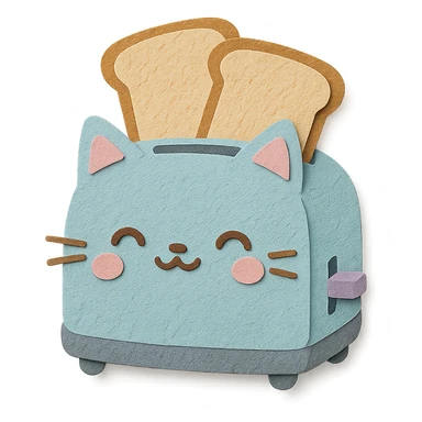 chibi toaster with cat features, two toast slices popping out, sweet smile, soft pastel colors, full-body sticker