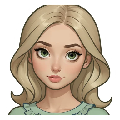Emoji girl with small close-set blue eyes and eyeliner, long and straight eyebrows, long round nose, wide not full lips, long oval face shape, long blonde hair in cute ruffle beige top sticker