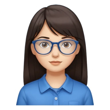Girl with long dark brown hair and straight bangs is wearing  glasses and a blue shirt  sticker