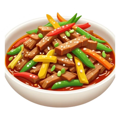 Yuxiang shredded pork Sichuan dish with colorful vegetables, simplified emoji style with bold outlines and bright colors, cartoon style sweet and sour pork strips sticker