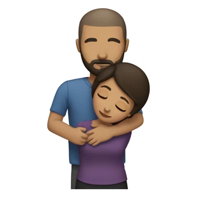 Comforting hug from tall, brunette, Puerto Rican woman to shorter bald male with beard sticker