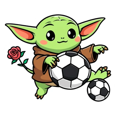baby yoda kicking a soccer ball with small roses beside him sticker