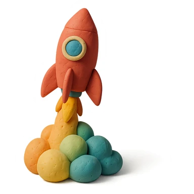 rocket ship blasting off with colorful smoke, matte finish, pastel colors, visible fingerprints, claymation style sticker