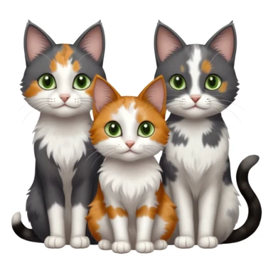 3 different coloured small cats including a dark grey and white, and a patchy calicowith hazel eyes  and a completely solid dark grey with green eyes and only white paws sticker