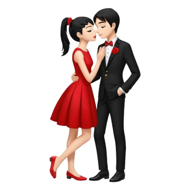 Make a girl has 18 years old black ponytail red dress, red flat and a boy has 19 years old black hair black tuxedo black shoes boy and girl kiss sticker