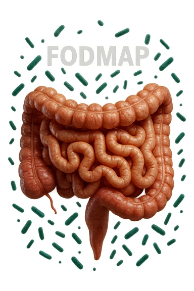 intestino umano anatomico con parole FODMAP CHE GLI FLUTTUANO INTORNO INSIEME A BATTERI INTESTINALI, iperrealistica 4k sticker