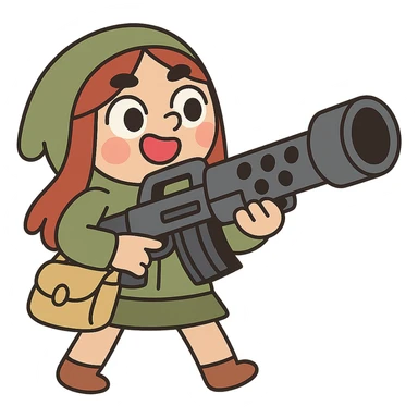 cheerful stalker girl with a massive machine gun, cute and exaggerated sticker