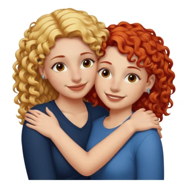 A woman with straight, blonde hair and a nose piercing and a woman with curly red hair and a nose piercing are hugging and smiling together. sticker
