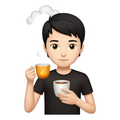 The boy teen have a black hair, and black T-shirt with a cup of tea sticker