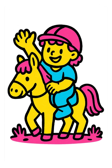 vivid color icon of a child on a horse, approachable and fun, clear outlines sticker