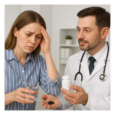 A realistic or illustrative style image of a doctor in a white coat prescribing medicine to a woman showing symptoms. The woman holds a glass of water and pills, with a worried expression. The background is clinical, inspired by the reference image. sticker