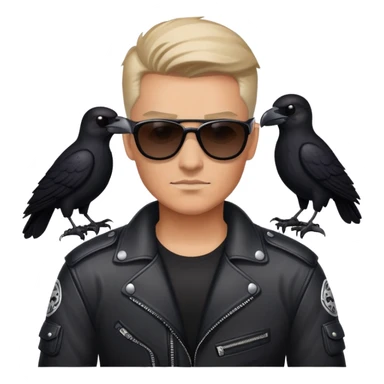 Biker wearing sunglasses holding a raven sticker