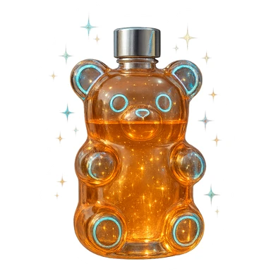 prabangus eliksyro buteliukas, guminuko meškiuko forma, ryški permatoma spalva, sidabrinės ir holografinės detalės, labai mažas kaklelis, vientisas dugnas, buteliukas plūduriuoja ore, be pagrindo ar šešėlio, modernus, kolekcijai tinkamas, dar daugiau magiškų efektų sticker