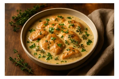creamy chicken, served in a bowl, garnished with herbs, cozy feel, no text sticker