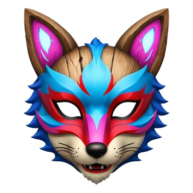 Ancient wooden mask, split in half, luminous and neon with red, blue and pink fox-like glow. sticker
