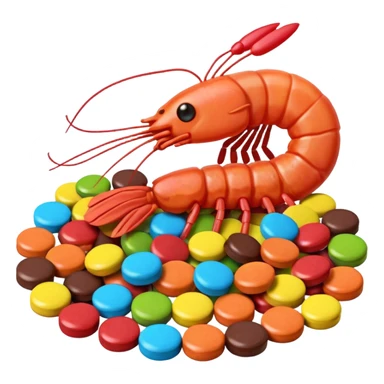 Shrimp made from candy like smarties, skittles, mars bar, nerds colorful sticker