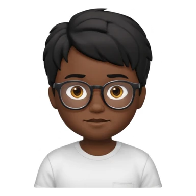 3D cartoon emoji portrait of a young character with black skin, messy black hair, big expressive brown eyes, wearing glasses and a white t-shirt, realistic shading, Pixar-style lighting, smooth texture, cute and slightly funny expression, high-quality render, white background, Apple Memoji style sticker