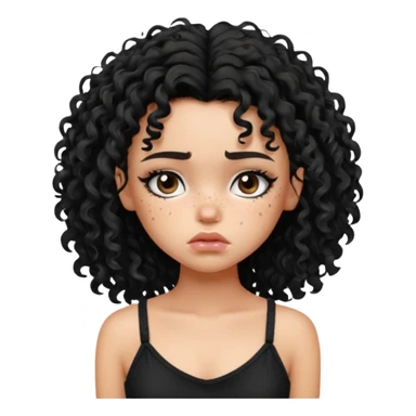 generate a pretty fair bratz girl with black messy curly hair looking sad . Wearing a black cami sticker