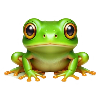 Cinematic Cute Green Tree Frog Portrait Emoji, Head tilted playfully and inquisitively, featuring a charmingly compact form with vivid green, slightly textured skin, prominent sticky toe pads, and round, sparkling eyes full of playful wonder, Simplified yet irresistibly adorable features, highly detailed, glowing with a warm, inviting jungle glow, high shine, affectionate and lively, stylized with a touch of tropical whimsy, soft glowing outline, capturing the essence of a mischievous yet loving frog that seems as if it could hop out of the screen into your arms! sticker