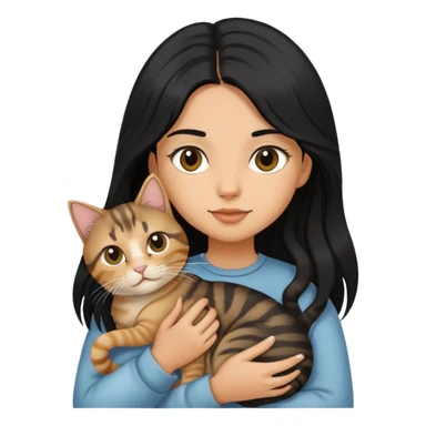 Long black hair girl holding a haired tabby cat sticker