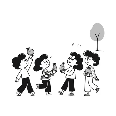 healthy boys and girls running around playing with some eating fruit sticker