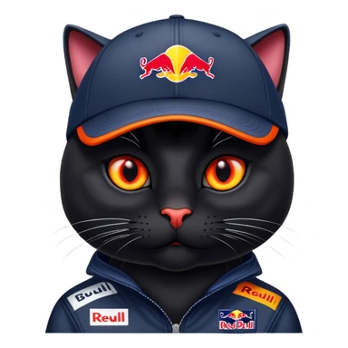 a black cat wearing a Red Bull Racing cap sticker