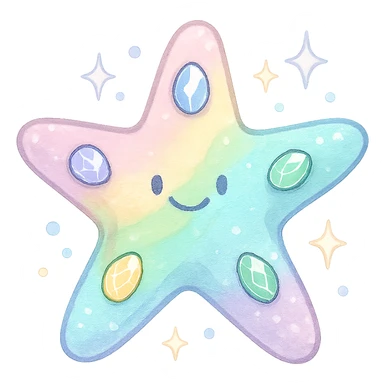 stylized sea star, pastel rainbow, sparkling jewels, soft highlights, slightly cartoonish, no background sticker