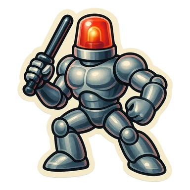 silver muscular robot with a red police light head, holding a futuristic baton, retro stickers style sticker