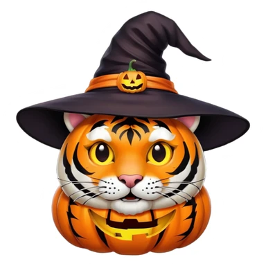 tiger face in Halloween costume with pumpkin and witch hat for Twitch emote sticker