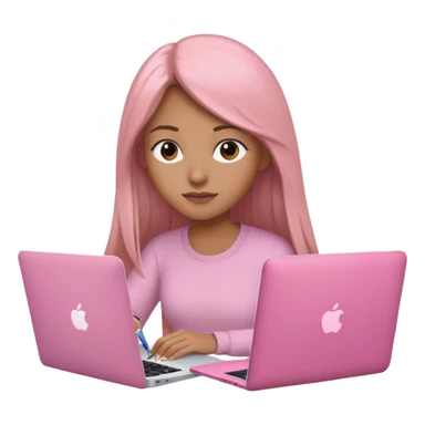 Mujer lacia peli larga y peli larga  en una MacBook rosa investigando y haciendo tareas con un libro de apuntes y con cara muy linda como modelo sticker