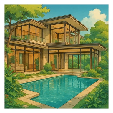 stunning luxury home with large windows and an indoor pool, elegant modern architecture, lush landscaping, ghibli style sticker