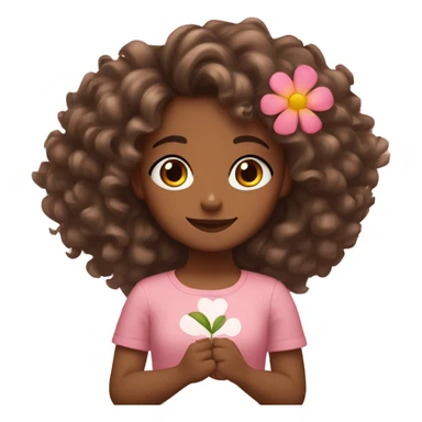Girl with brown skin curly hair doing a heart with her hands and a flower on her hair sticker