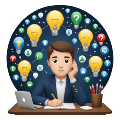 a man sitting at a desk, head resting on hand, imagining future careers, lightbulb and icons above head sticker
