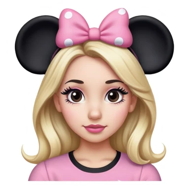 Woman with long blonde hair, brown eyes, brown eyebrows, blush cheeks with pink and black Minnie mouse ears with pink and black Minnie mouse shirt with long black eyelashes sticker
