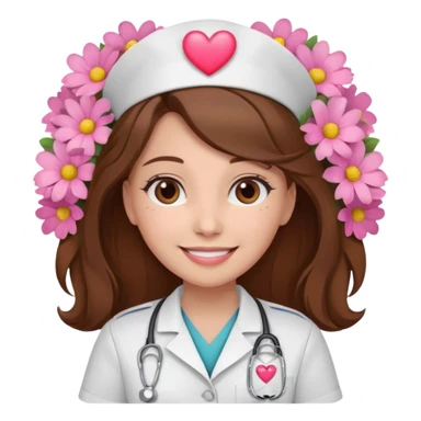 Brown hair Nurse with pink heart and flowers surround her head sticker
