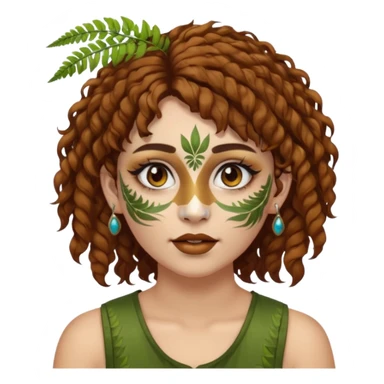 portrait woman short curly brown mullet hair brown eyes white skin with fern face paint and nose ring sticker