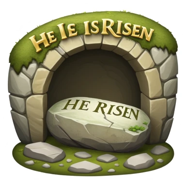 An empty tomb with stone rolled away and "He is risen" text sticker