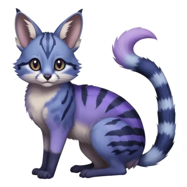  Realistic dull gloomy-dark-deep-grayish-indigo-violet-gradients fur with random markings beautiful elegant pretty precious cute  Fakémon-Pokémon-opossum-feline-serval-caracal-chinchilla-Minccino-hybrid-creature with a big fluffy bushy striped tail (full body) sticker