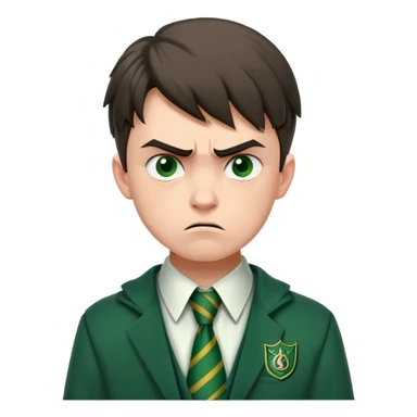 Upset angry teenage boy with scowling face wearing green Slytherin Hogwarts uniform and tie sticker