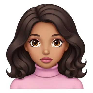 light brown skin tone, very beautiful woman, with big plump lips, long long lashes, black wavy long hair, brown eyes, light pink turtle neck sticker