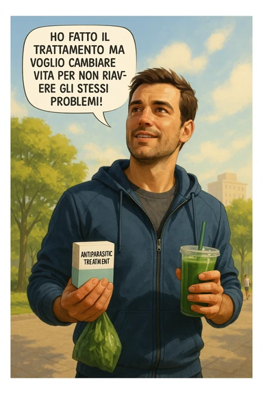 A realistic, cinematic illustration of a man in his early 30s with a determined and hopeful expression, standing outside under a bright morning sky, holding a small box labeled 'Antiparasitic Treatment' in one hand, while in the other hand he holds a fresh green smoothie or a bag of vegetables. A speech bubble near him says: ‘Ho fatto il trattamento ma voglio cambiare vita per non riavere gli stessi problemi!’ The man is wearing casual but clean and sporty clothing, symbolizing a fresh start, with the background showing a city park with green trees, morning light, and people jogging, indicating a healthy lifestyle. The atmosphere is bright, uplifting, and motivating, clearly illustrating the transition from treatment to lifestyle change to prevent future health issues. The style is realistic with warm tones, showing positive energy and commitment to change in italiano sticker