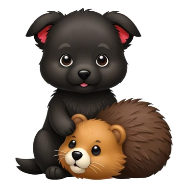 Small black dog with a toy beaver sticker