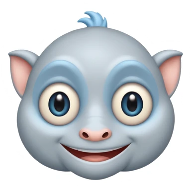 No head..it has 1 eye....stands upright ...wears clothing. is light grey and light blue..looks happy and cuddly... doesnt have a full head.... there is a appendage coming out of top of body with a single large eye sticker