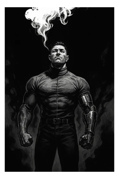 Black and white comic book panel of an extremely muscular Italian man with cybernetic implants standing in the dark, surrounded by smoke. He is wearing a long-sleeved shirt with a high collar, and his chest is sculpted. sticker