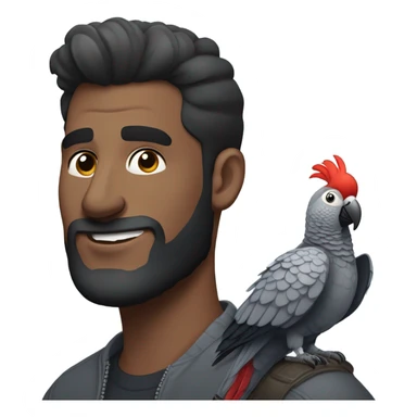 Man with dark brown pompadour hair and dark brown short beard riding on top of a giant african grey bird sticker