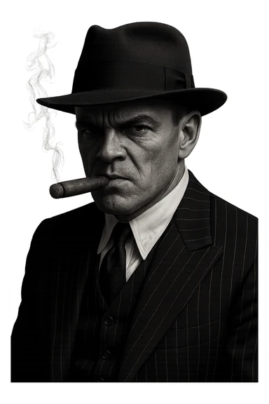 Remove the background to make the 1920s Chicago mobster on a transparent background, while preserving the noir style and details of the image. sticker